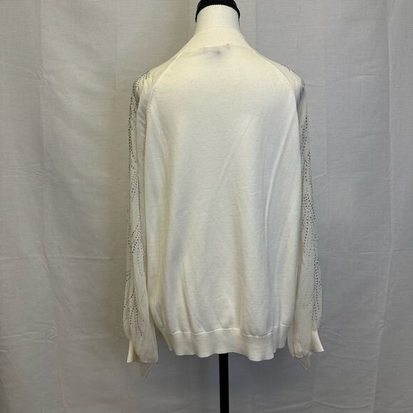 Adrianna Papell XL Embellished Ivory Knit Top Sheer Sleeve Blouse - Picture 3 of 9